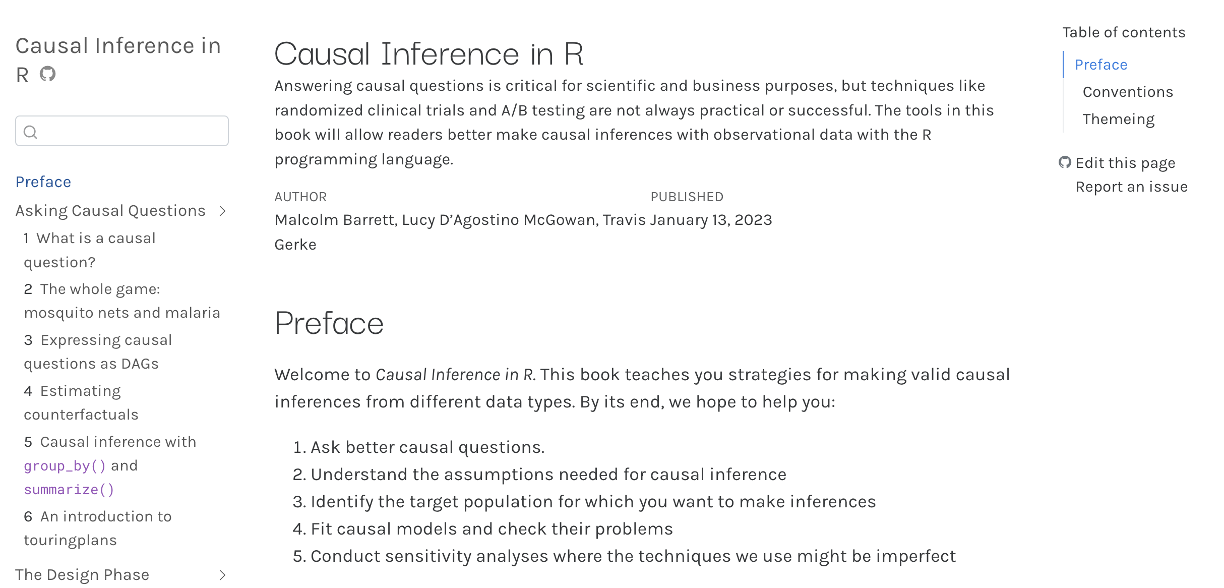 A causal inference preface page with numbered learning goals in large serif type