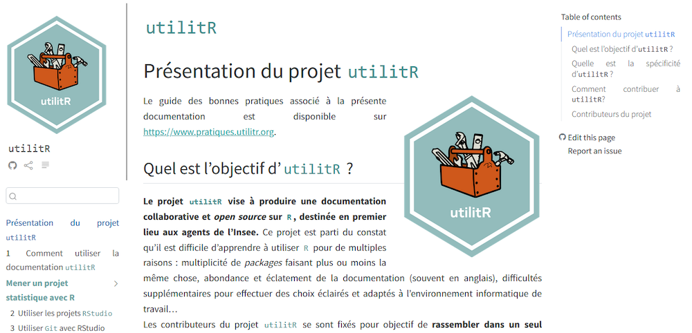 A French documentation page with a teal hexagon logo of an orange toolbox of tools
