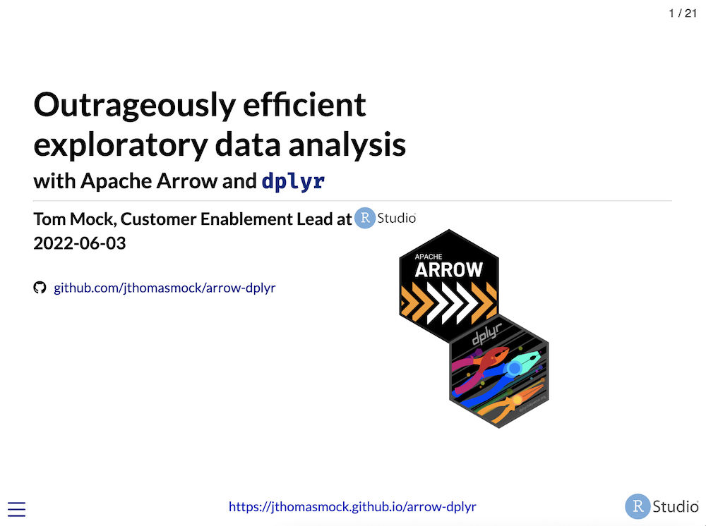 Efficient exploratory data analysis title beside black Apache Arrow and dplyr hex logos
