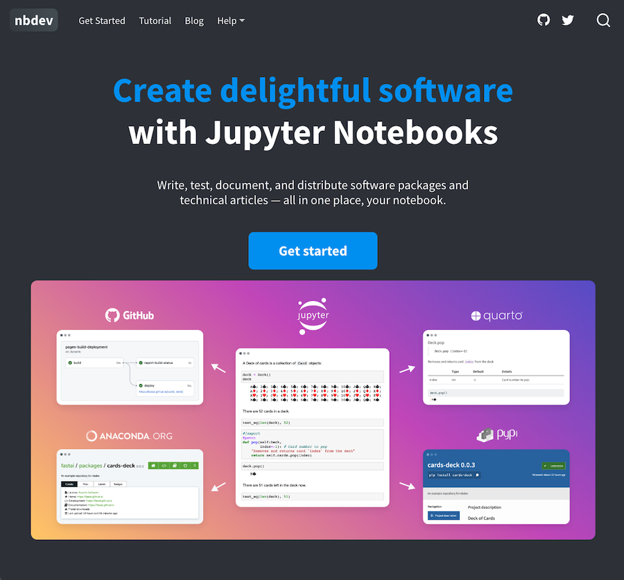 Dark landing page with bold blue headline and a colorful diagram linking GitHub, Jupyter, and Quarto