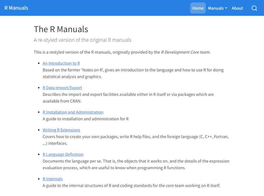 Documentation homepage with blue header and a bulleted list of linked R manual titles
