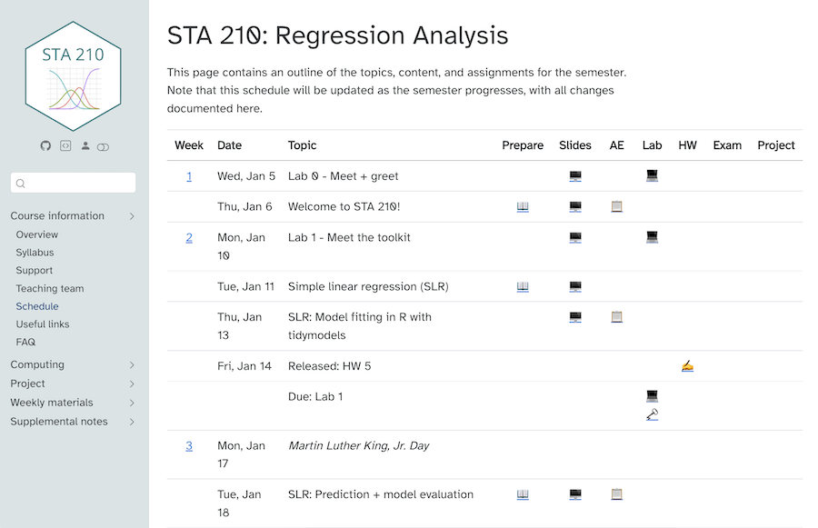 Course schedule page with a hexagon logo and a weekly table of topics and icons